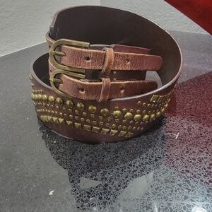 Cache Gold Studded Brown Leather Double Strap Western Corset Belt Size Large